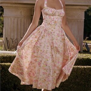 NWT! House of CB ADABELLA Pink Meadow Cotton Halter Midi Sundress S Bigger Cup